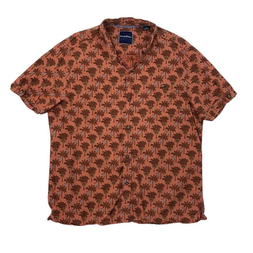 Tommy Bahama Shirt Mens L Red Sienna Orange Palm Tree Print Button Down Hawaiian